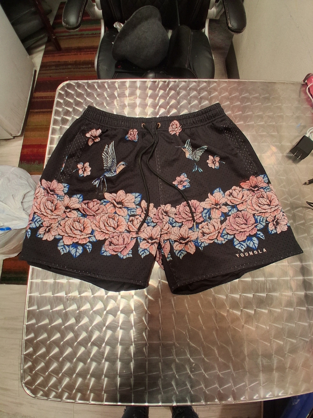 YoungLA Black Shorts with Pink Floral & Blue Bird Print